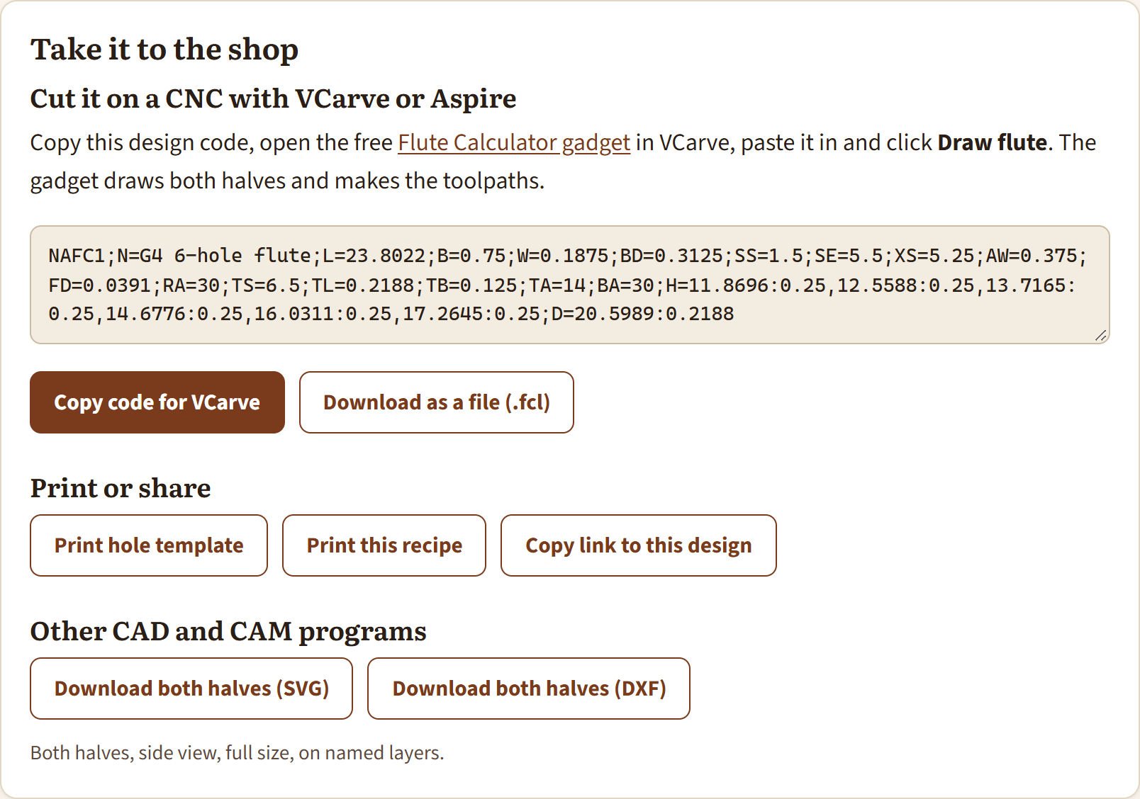 The Take it to the shop card with the design code and the Copy code for VCarve button