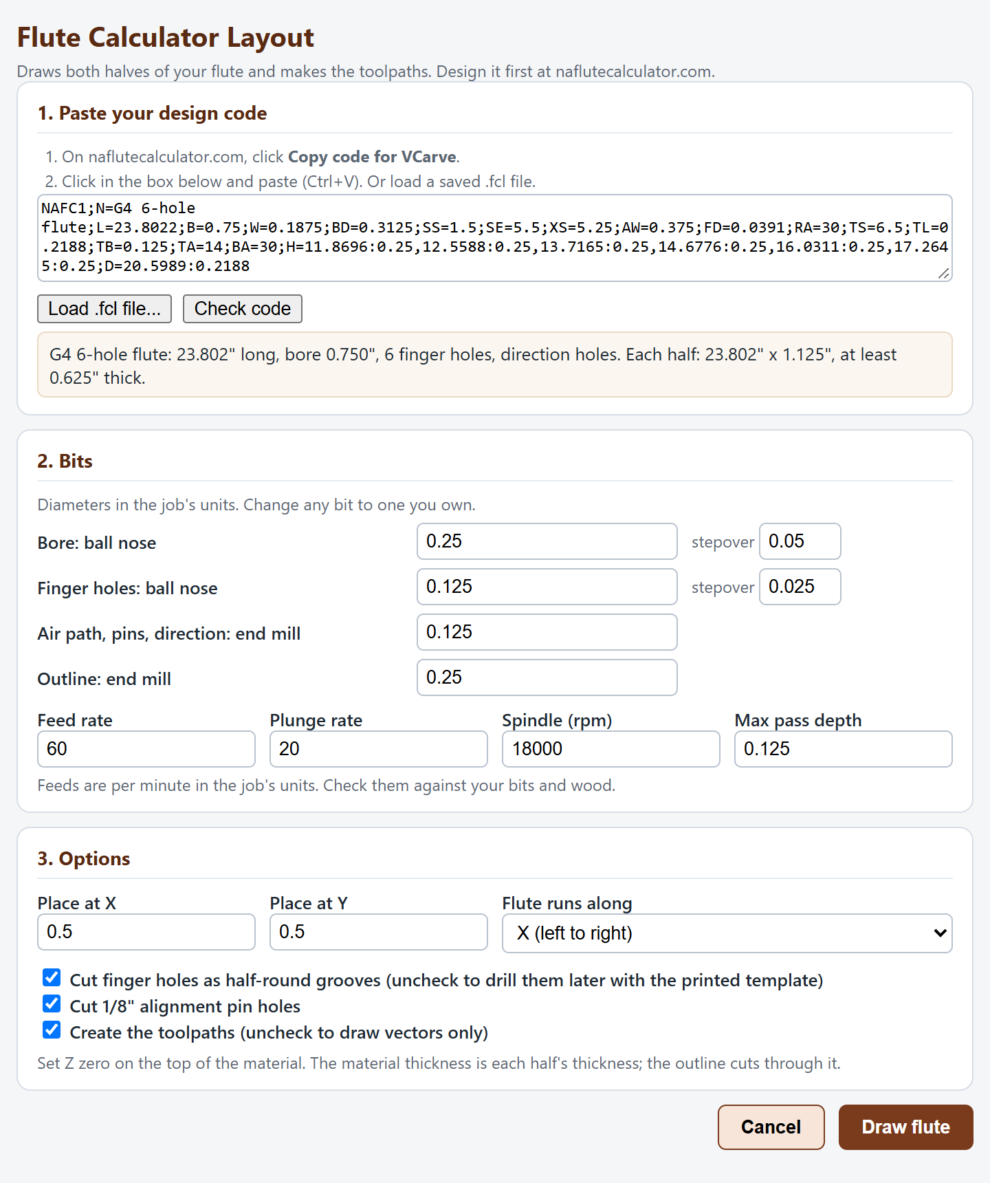 The Flute Calculator gadget dialog with a pasted design code, the bit settings and the options